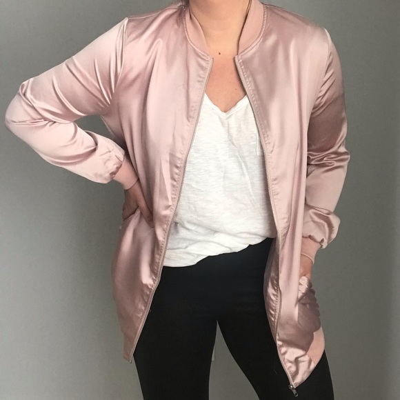 Missguided Jackets & Blazers - NWOT Missguided Pink Satin Long Bomber Jacket Sz 8